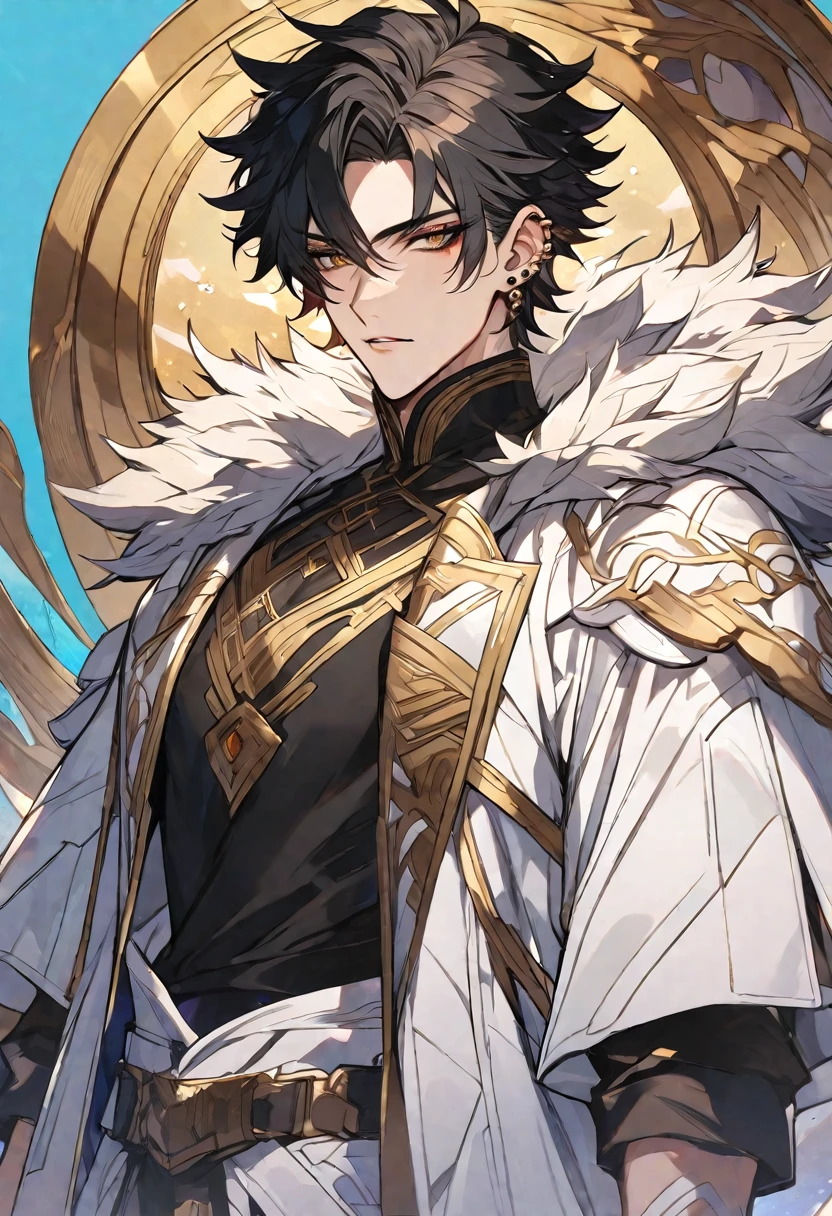 Solo, 1 male, blonde hair and black hair, gold eyes, black shirt, white coat, white fur, ear piercing, fantasy