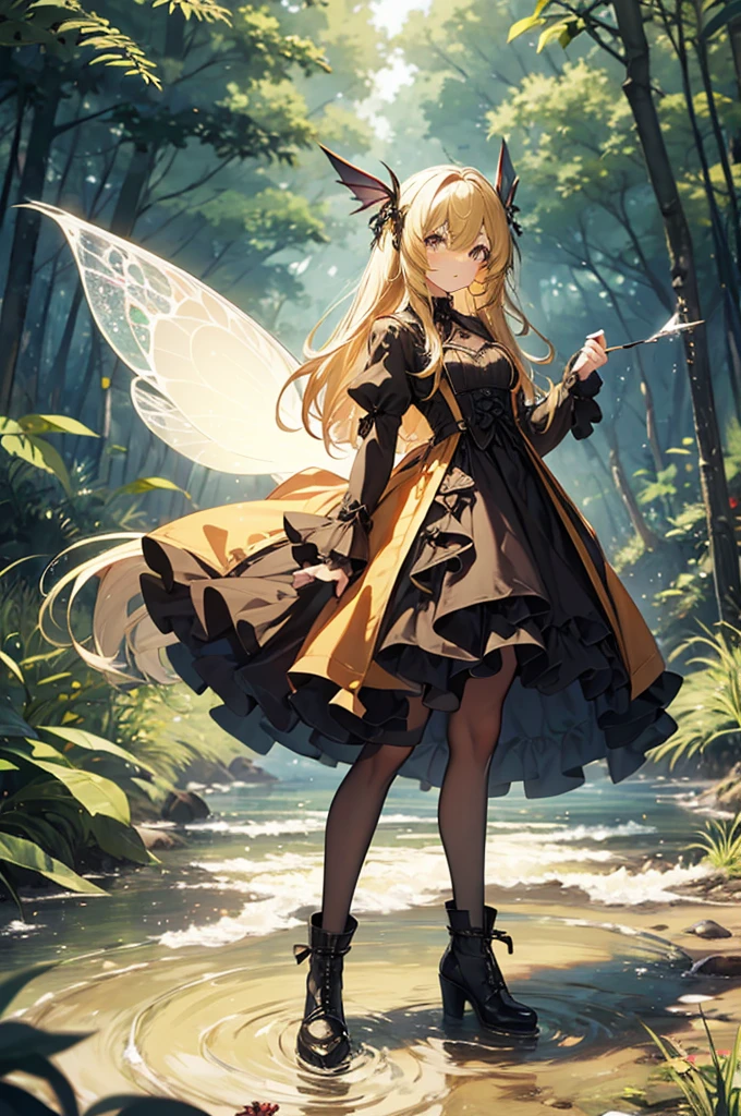 1 girl, dark yellow hair, by IKZW, fairy, small, small size, fairy wings, forest, torso up, goth dress,full body,underground waterway background,