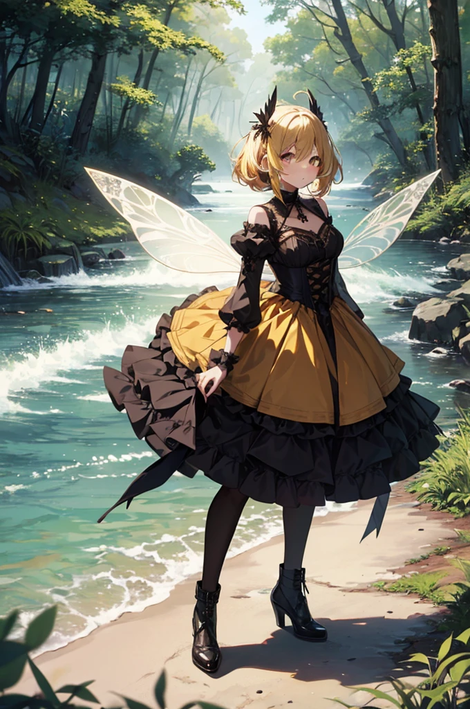 1 girl, dark yellow hair, by IKZW, fairy, small, small size, fairy wings, forest, torso up, goth dress,full body,underground waterway background,