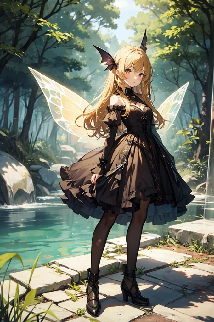 1 girl, dark yellow hair, by IKZW, fairy, small, small size, fairy wings, forest, torso up, goth dress,full body,underground waterway background,