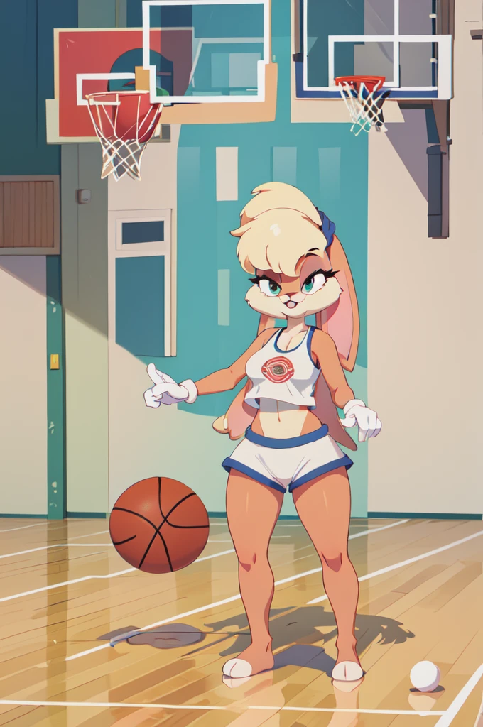 masterpiece, best quality, 1girl, solo, looking at viewer, breasts, lolabunny, furry, white shorts, white gloves, tank top, sportswear, basketball court, holding basketball, naked, nude