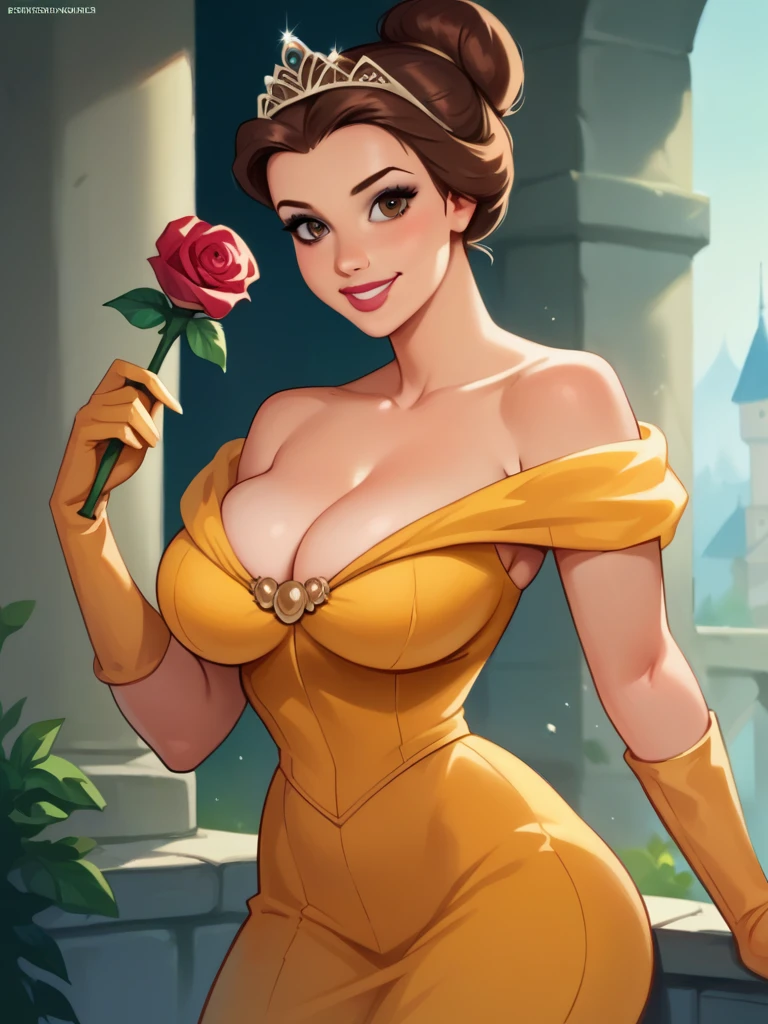 score_9, score_8_up, score_7_up, score_6_up, 1girl holding a rose in a castle, makeup, yellow short dress, bare shoulders, heavy cleavage, gloves, hair bun, tiara, slim body, huge round breasts, narrow waist, wide hips, thick thighs, looking at viewer, dynamic angle, cowboy shot, cartoon, dynamic pose, smile, cute, wide shot, realistic, 
BelleXLP