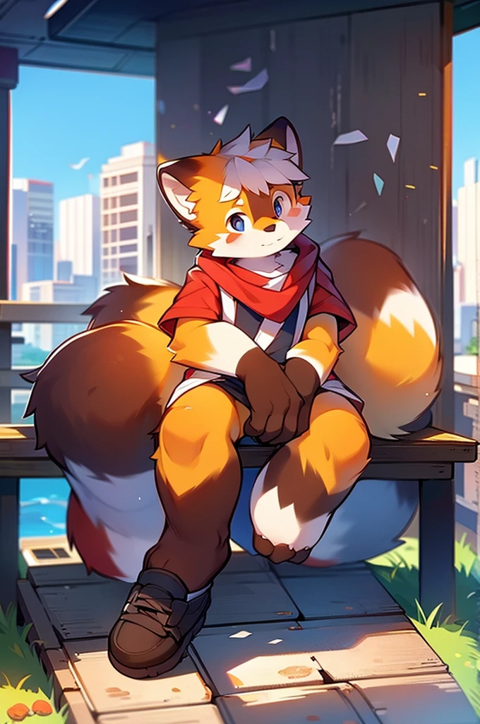 Male Red Panda,Sit on a bench,Cityscape,Port cities!