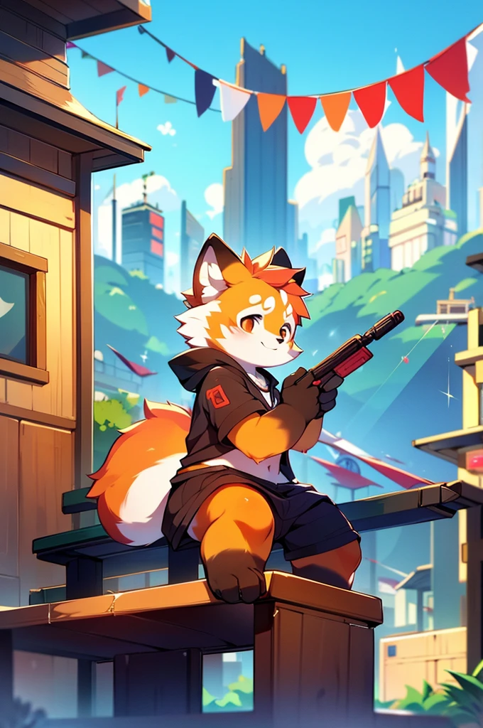 Male Red Panda，Sit on a bench，Cityscape，Port cities！