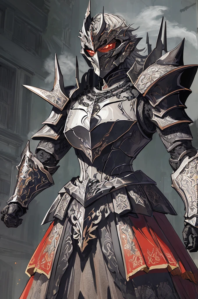 Um imponente cavaleiro esqueleto vestido com armaduras empunhando um enorme machado de batalha. The intricate details of the armor add to its striking appearance. The background is full of smoke. This high-quality image captures the essence of a heavily armored knight, perfect for projects that require a sense of power and determination.