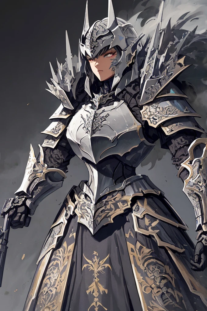 Um imponente cavaleiro esqueleto vestido com armaduras empunhando um enorme machado de batalha. The intricate details of the armor add to its striking appearance. The background is full of smoke. This high-quality image captures the essence of a heavily armored knight, perfect for projects that require a sense of power and determination.