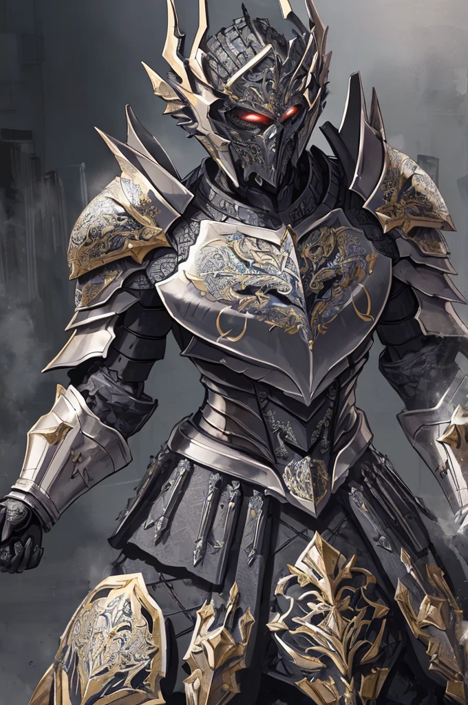 Um imponente cavaleiro esqueleto vestido com armaduras empunhando um enorme machado de batalha. The intricate details of the armor add to its striking appearance. The background is full of smoke. This high-quality image captures the essence of a heavily armored knight, perfect for projects that require a sense of power and determination.