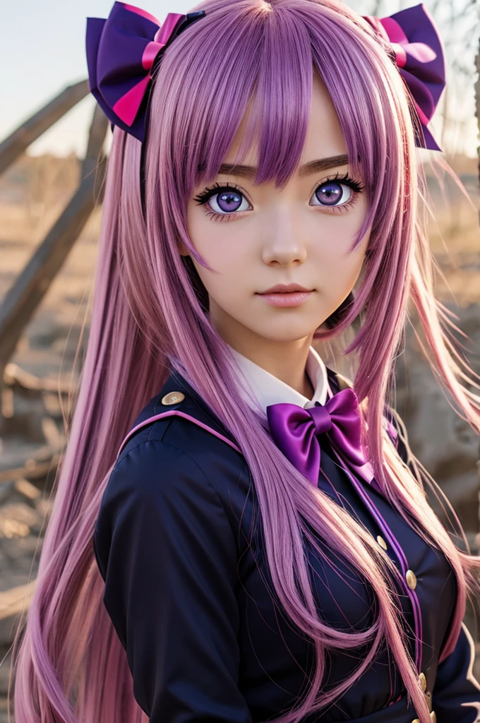 Anime girl almond hair, colourful eyes with uniform of battle and a bow purple pink anime manga hd 4k