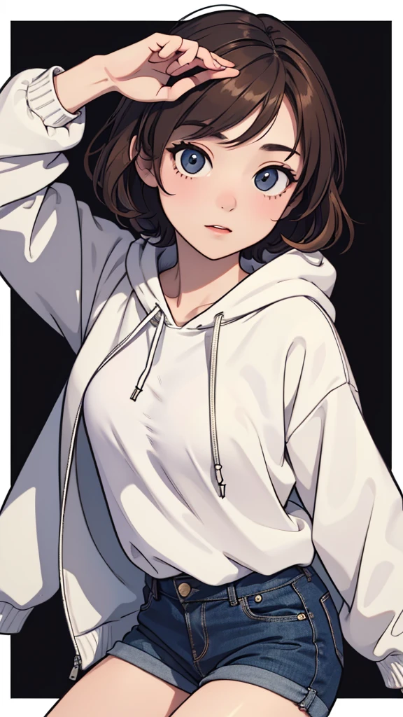 (((masterpiece, best quality, ultra highres, 1 girl, solo, no background))), super detailed skin and face and eyes and finger, beautiful japanese woman, small breasts:1.5, skinny, light brown hair, white background, very short curly pixie hair, (an illustration of girl), Knee shot, Generate with illustrations, Various expressions, Various poses, Please draw the entire character within the frame, ensuring that the head, arms, and legs are not cut off. The background should be simple, with the character positioned centrally, outline, anime, hoodie,