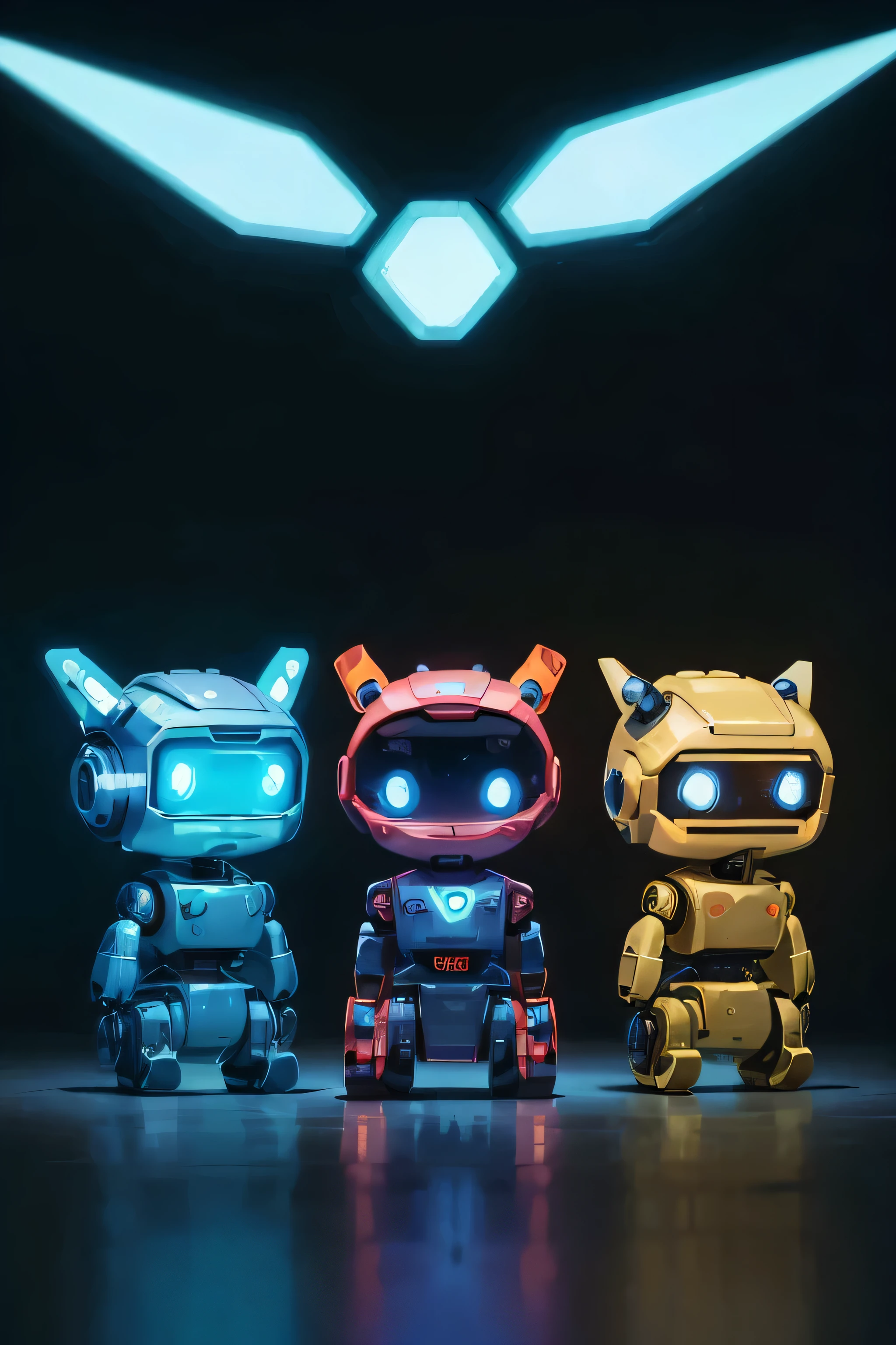 three cartoon robots with different expressions and colors, quastics, Realistoc, tintoy characterdesign robot, cineastic, ( ( Cyborgs robot ) ), Cyborgs robot, aesthetics, Robot concept, concept illustration, robots, Cyborgs, cute cyber gods, little robots, cartoonish and simplistic, Cybernetics, plain colors, less details, 2D