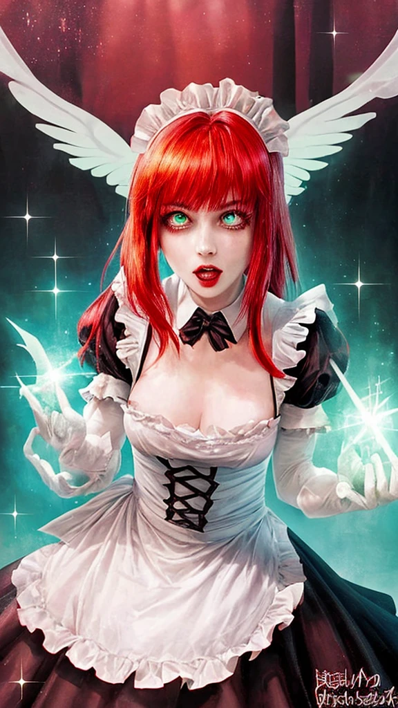 Beautiful maid, fantasy, ethereal, sparkle, red hair, green eyes
