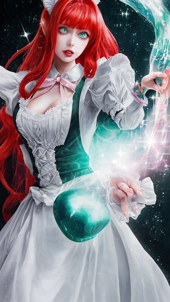 Beautiful maid, fantasy, ethereal, sparkle, red hair, green eyes