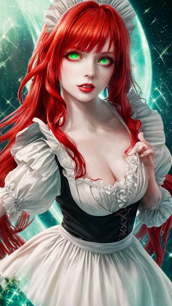 Beautiful maid, fantasy, ethereal, sparkle, red hair, green eyes