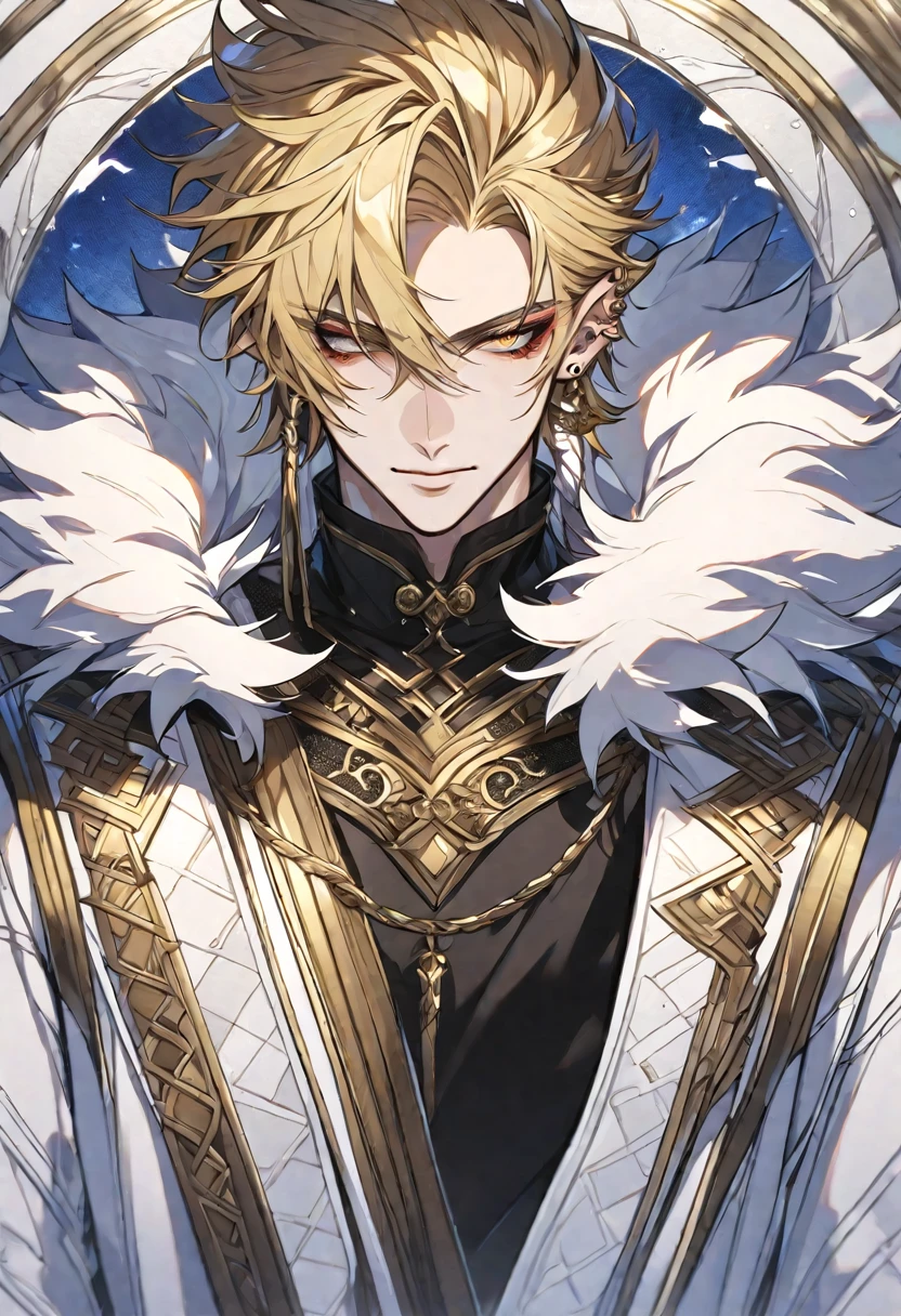 Solo, 1 male, blonde hair, gold eyes, black shirt, white coat, white fur, ear piercing, fantasy