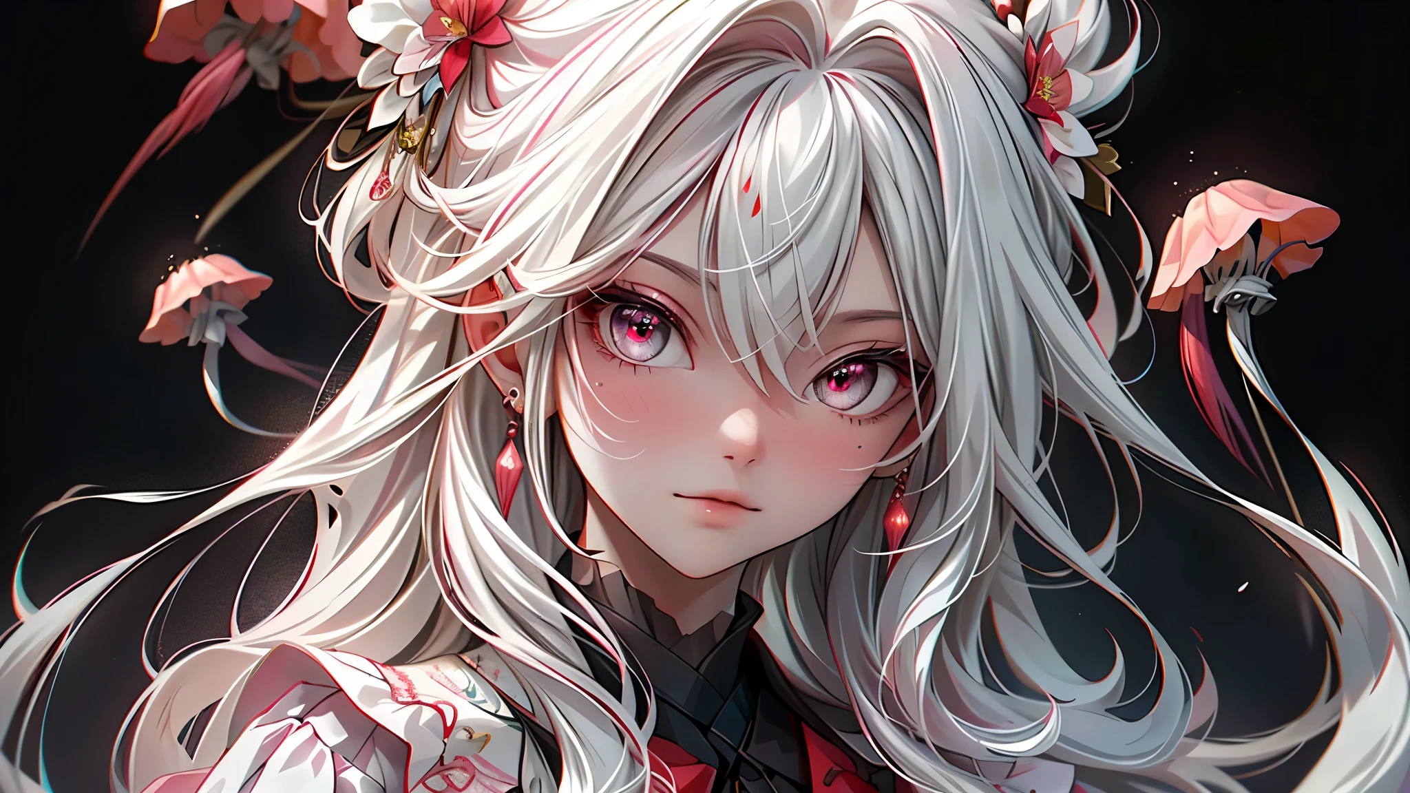 idoly,tmasterpiece,top-quality,Beautiful face,Absurdity,(Close-up of the head,White frilled mini skirt,White collar,White frilled cuffs,particle effect:1.5),(ssmile:1.5),(white color hair,A few strands of red hair,Red-pink eyes:1.7),dual horsetail,Jellyfish head,Sharp focus,Realistic and detailed,A high resolution,best detail,hyper-high detail,Facial and eye details,Sharp pupils,Realistic pupils,Sharp focus,Smooth skin,(blooms,Halo:1.4),(dark studio,deep dark background:1.5),Edge lighting,Dynamic, dramatic lighting,HDR,8k