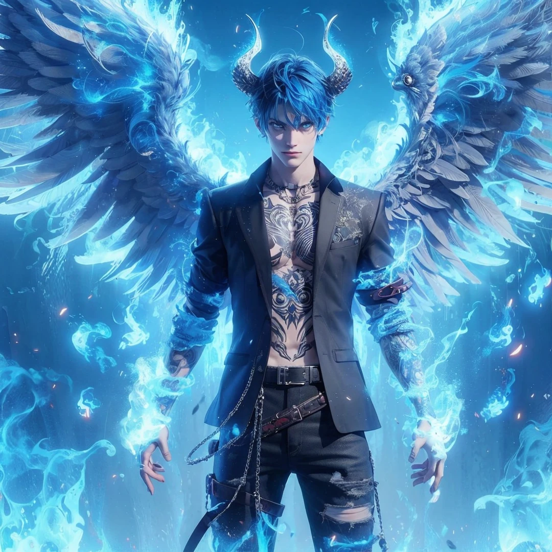 Handsome boy, blue hair, blue eyes, blue wings
