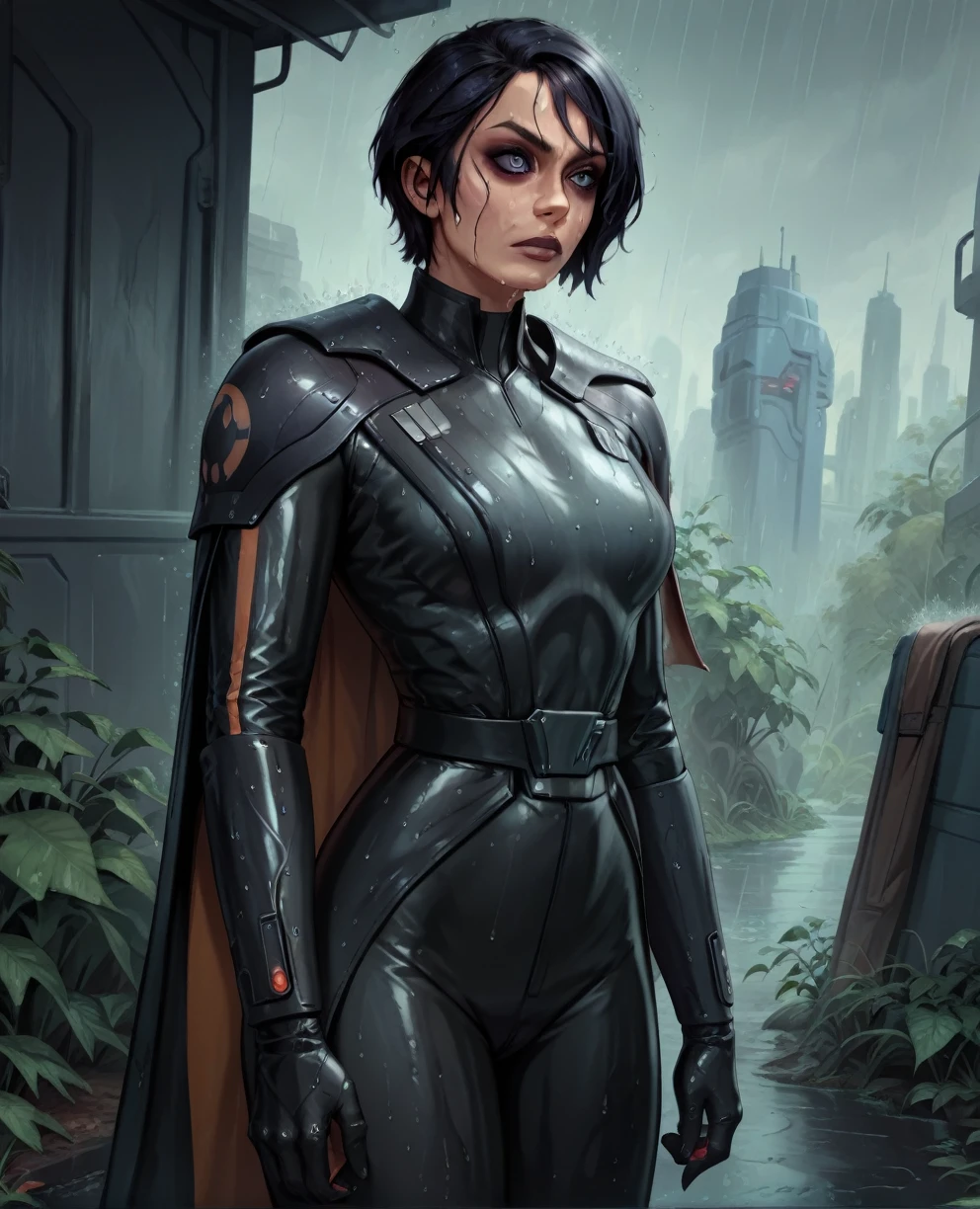 score_9,score_8_up,score_7_up,score_6_up, Black woman sabine wren ,,black hair, FULL body, wet, armor,gloves,black bodysuit,black cape,belt,rain, science fiction,sith base, star wars, outdoors, rain, solo,fflixbag wearing armor sabine wren
