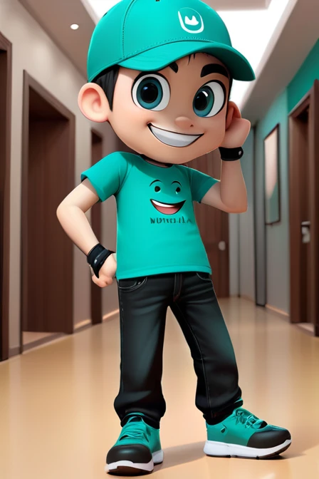 A man with big smile wearing teal green cap, and teal green t-shirt that writed "RUMAH ANDROID", black jeans, black shoes, crossing hand, 3d design character, body gesture happy, hands up jumping