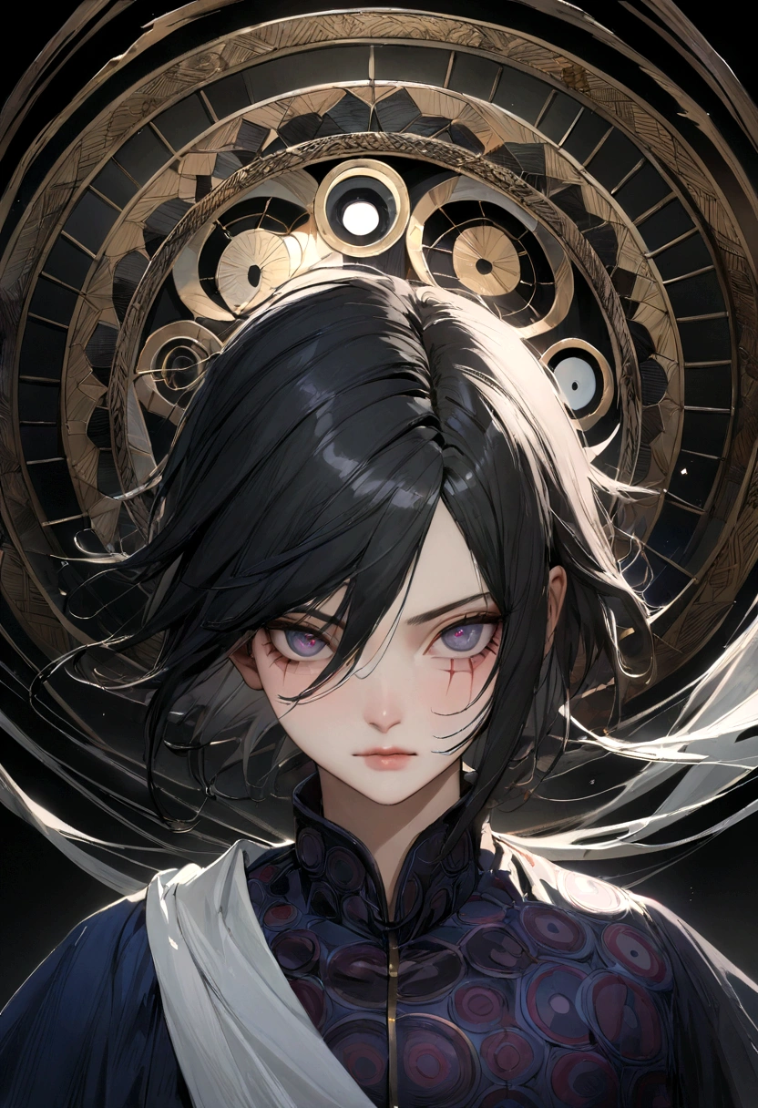 obito uchiha, Mangekyou Sharingan rojo: It consists of three volumes. (comma patterns) arranged in a circle on the right eye, Purple Rinnegan on left eye: The pattern resembles concentric circles with six atoms that resemble a wheel.. Each circle will decrease in size as it gets closer to the center of the scar.. Small, thin curved line on the right side of the face., forehead to eye area, detailed eyes, Very detailed face, long eyelashes, (Best Quality, 4k,8k, high resolution, Masterpiece: 1.2), Very detailed, realist: 1.37, tousled lock of black hair, fierce expression, black and blue robes flowing in the wind, bright colors, portraits, studio lighting