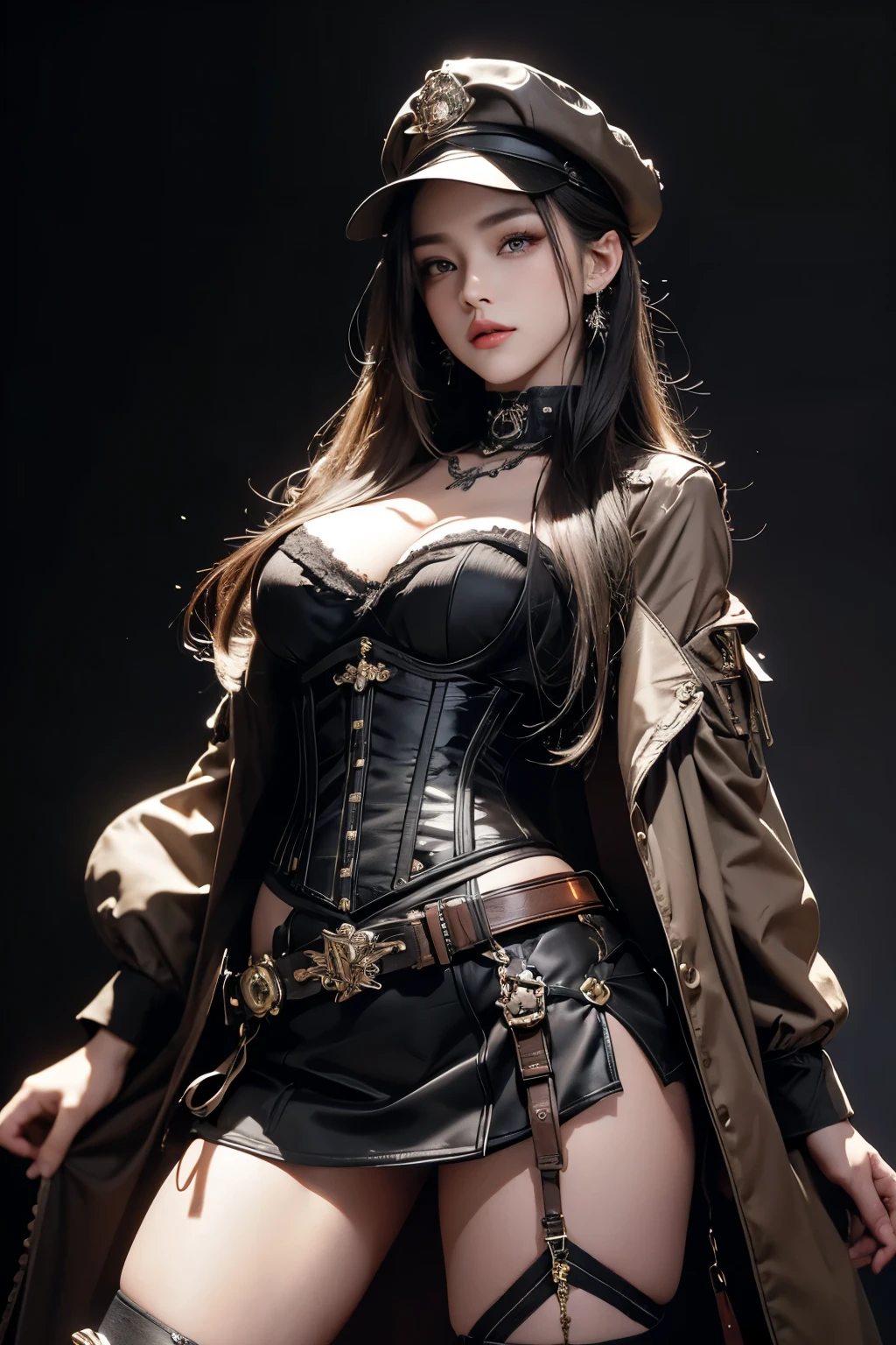 masterpiece, Highest quality, Very detailed, To the camera, 複雑に詳細なVery detailed, Realistic, Sharp features, Very detailed, Sharp focus, Perfect Face, Perfect Face, Perfect symmetry and perfect eyes, 完璧なふっくらlips, Flexible female form, Cinematic, Film Light, Very detailed, hyper Realistic, masterpiece, Atmospheric, High resolution, Vibrant, Dynamic Studio Lighting, ((Dark Background)), The expression when enduring pleasure, Realistic, High resolution, 1 female, Hip Up, Beautiful Eyes, Long Hair, Ring-shaped eyes, jewelry, tattoo, skirt, Thighs, hat, jewelry, boots, belt, lips, zettai ryouiki, boots de coxa, corset, topper, steampunk, steampunk_Fantasy