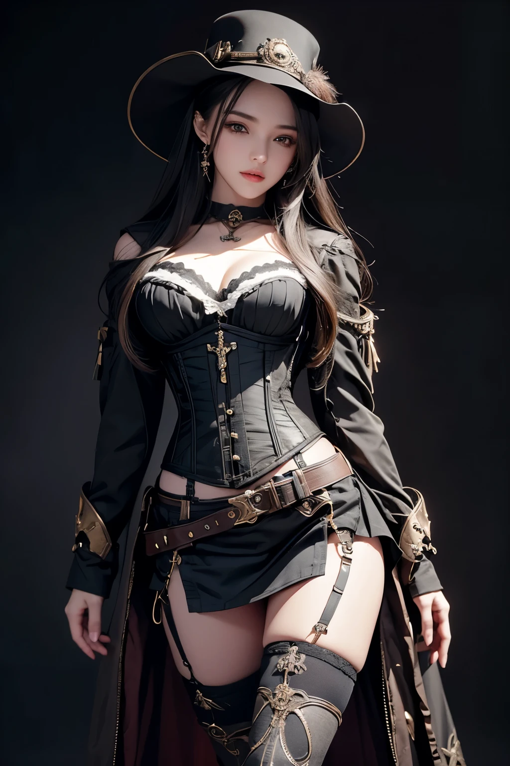 masterpiece, Highest quality, Very detailed, To the camera, 複雑に詳細なVery detailed, Realistic, Sharp features, Very detailed, Sharp focus, Perfect Face, Perfect Face, Perfect symmetry and perfect eyes, 完璧なふっくらlips, Flexible female form, Cinematic, Film Light, Very detailed, hyper Realistic, masterpiece, Atmospheric, High resolution, Vibrant, Dynamic Studio Lighting, ((Dark Background)), The expression when enduring pleasure, Realistic, High resolution, 1 female, Hip Up, Beautiful Eyes, Long Hair, Ring-shaped eyes, jewelry, tattoo, skirt, Thighs, hat, jewelry, boots, belt, lips, zettai ryouiki, boots de coxa, corset, topper, steampunk, steampunk_Fantasy