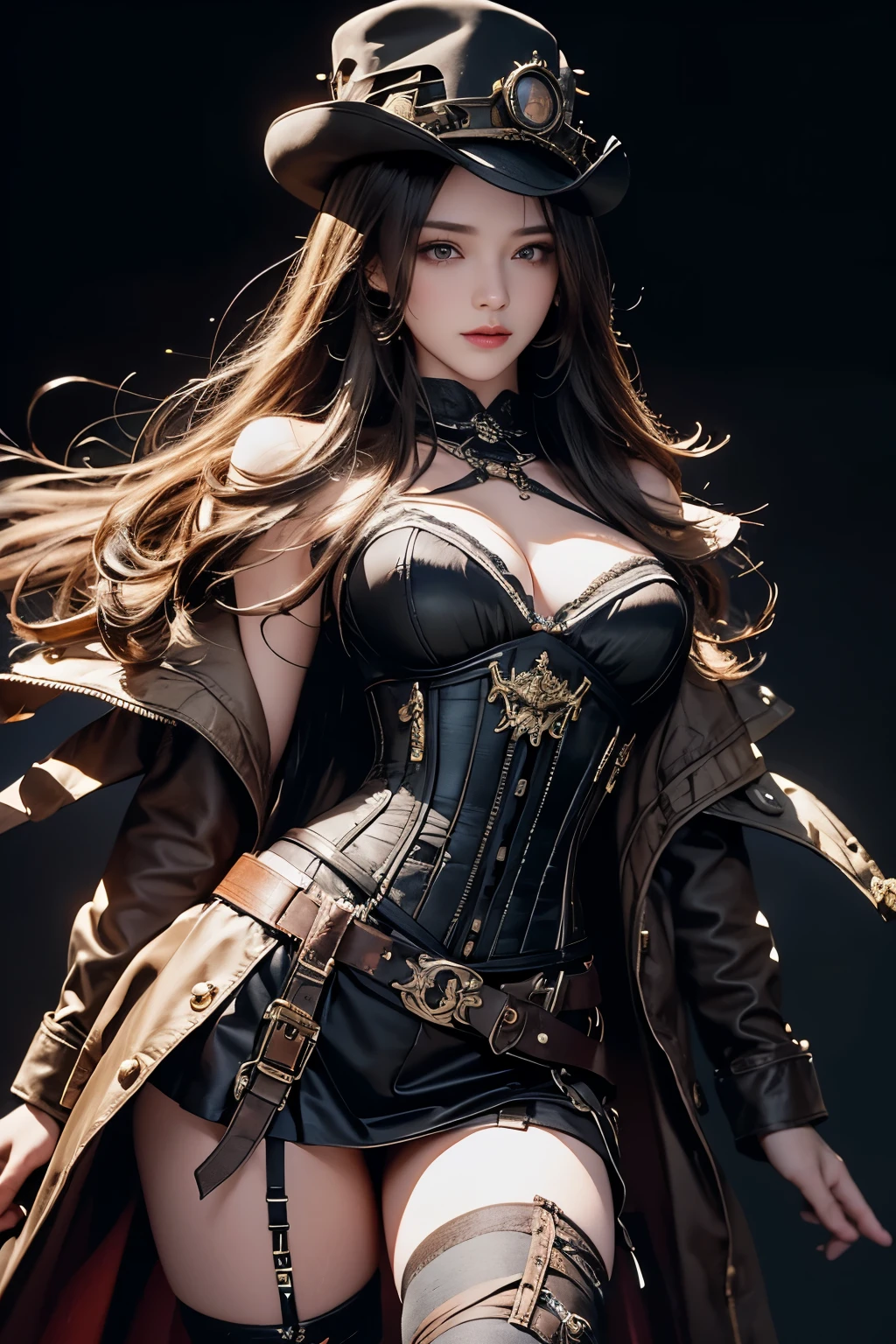 masterpiece, Highest quality, Very detailed, To the camera, 複雑に詳細なVery detailed, Realistic, Sharp features, Very detailed, Sharp focus, Perfect Face, Perfect Face, Perfect symmetry and perfect eyes, 完璧なふっくらlips, Flexible female form, Cinematic, Film Light, Very detailed, hyper Realistic, masterpiece, Atmospheric, High resolution, Vibrant, Dynamic Studio Lighting, ((Dark Background)), The expression when enduring pleasure, Realistic, High resolution, 1 female, Hip Up, Beautiful Eyes, Long Hair, Ring-shaped eyes, jewelry, tattoo, skirt, Thighs, hat, jewelry, boots, belt, lips, zettai ryouiki, boots de coxa, corset, topper, steampunk, steampunk_Fantasy