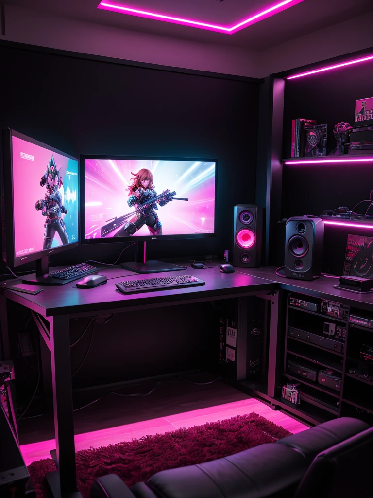 Create a realistic gaming office for a young woman who loves anime, programming, and gaming. The room should have anime posters on the walls and action figures on shelves. Include RGB LED lighting around the room, set to red. The desk should have multiple monitors and be equipped with a comfortable gaming chair. Ensure the setup includes a powerful PC, a mechanical keyboard, a gaming mouse, headphones, and a camera, all in black and pink with LED accents set to red. Add ergonomic accessories like footrests and wrist supports. Personalize the space with themed rugs, stickers on the PC and peripherals, and a corkboard or whiteboard for notes and planning.