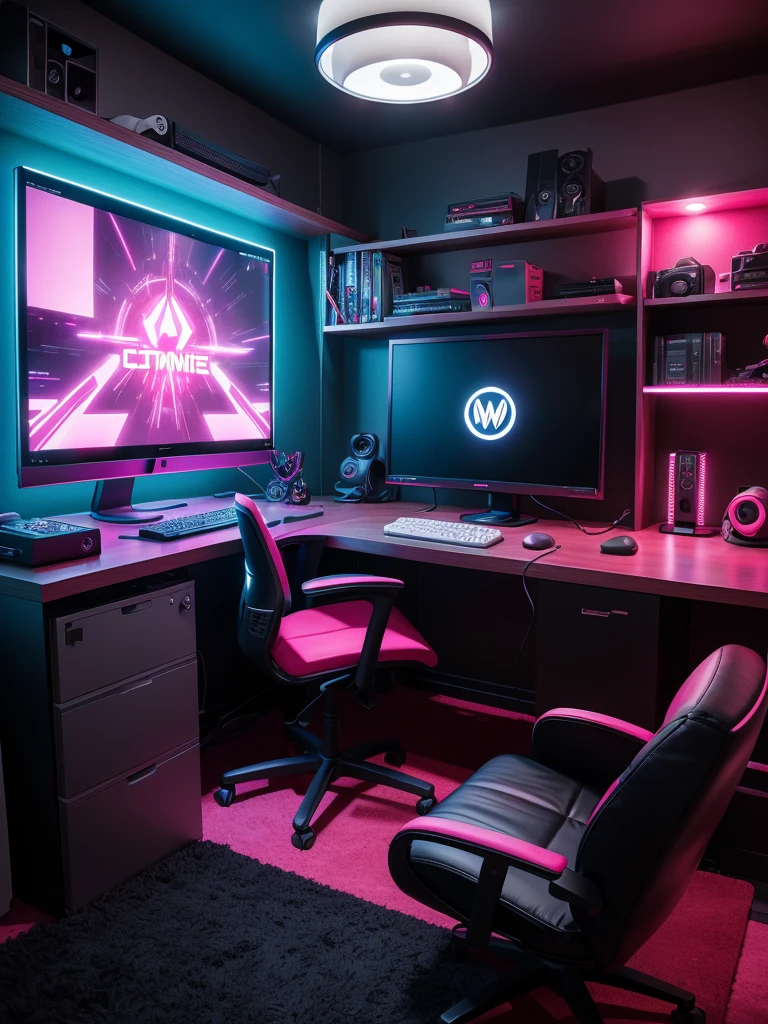 Create a realistic gaming office for a young woman who loves anime, programming, and gaming. The room should have anime posters on the walls and action figures on shelves. Include RGB LED lighting around the room, set to red. The desk should have multiple monitors and be equipped with a comfortable gaming chair. Ensure the setup includes a powerful PC, a mechanical keyboard, a gaming mouse, headphones, and a camera, all in black and pink with LED accents set to red. Add ergonomic accessories like footrests and wrist supports. Personalize the space with themed rugs, stickers on the PC and peripherals, and a corkboard or whiteboard for notes and planning.