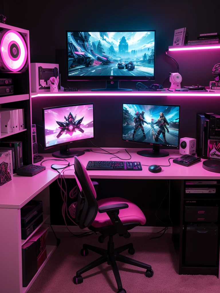Create a realistic gaming office for a young woman who loves anime, programming, and gaming. The room should have anime posters on the walls and action figures on shelves. Include RGB LED lighting around the room, set to red. The desk should have multiple monitors and be equipped with a comfortable gaming chair. Ensure the setup includes a powerful PC, a mechanical keyboard, a gaming mouse, headphones, and a camera, all in black and pink with LED accents set to red. Add ergonomic accessories like footrests and wrist supports. Personalize the space with themed rugs, stickers on the PC and peripherals, and a corkboard or whiteboard for notes and planning.