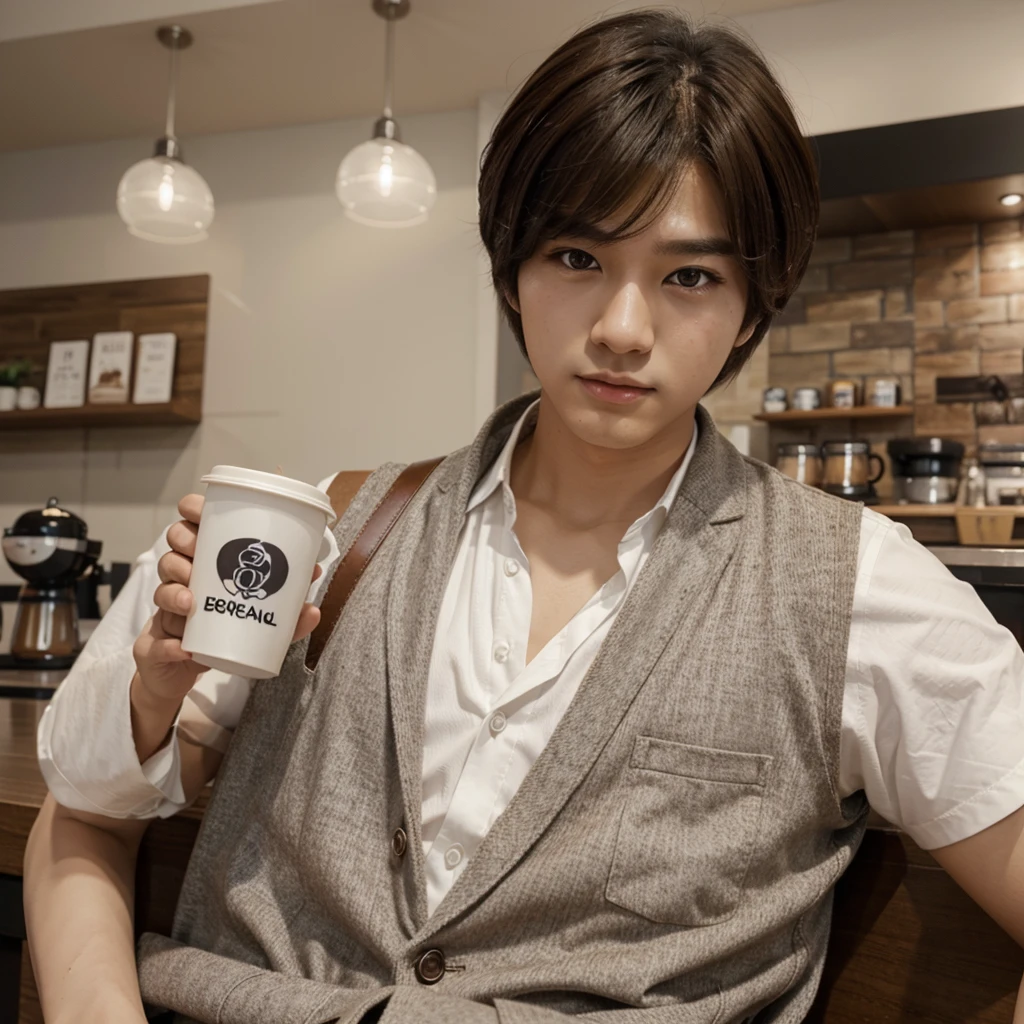 Estilo manga Korean, brown hair boy, big brown eyes, somewhat feminine appearance. He wears a white shirt, grey vest, in a coffee shop, Korean
