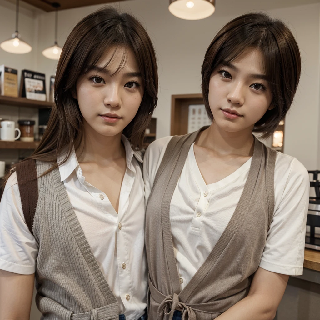 Estilo manga Korean, brown hair boy, big brown eyes, somewhat feminine appearance. He wears a white shirt, grey vest, in a coffee shop, Korean