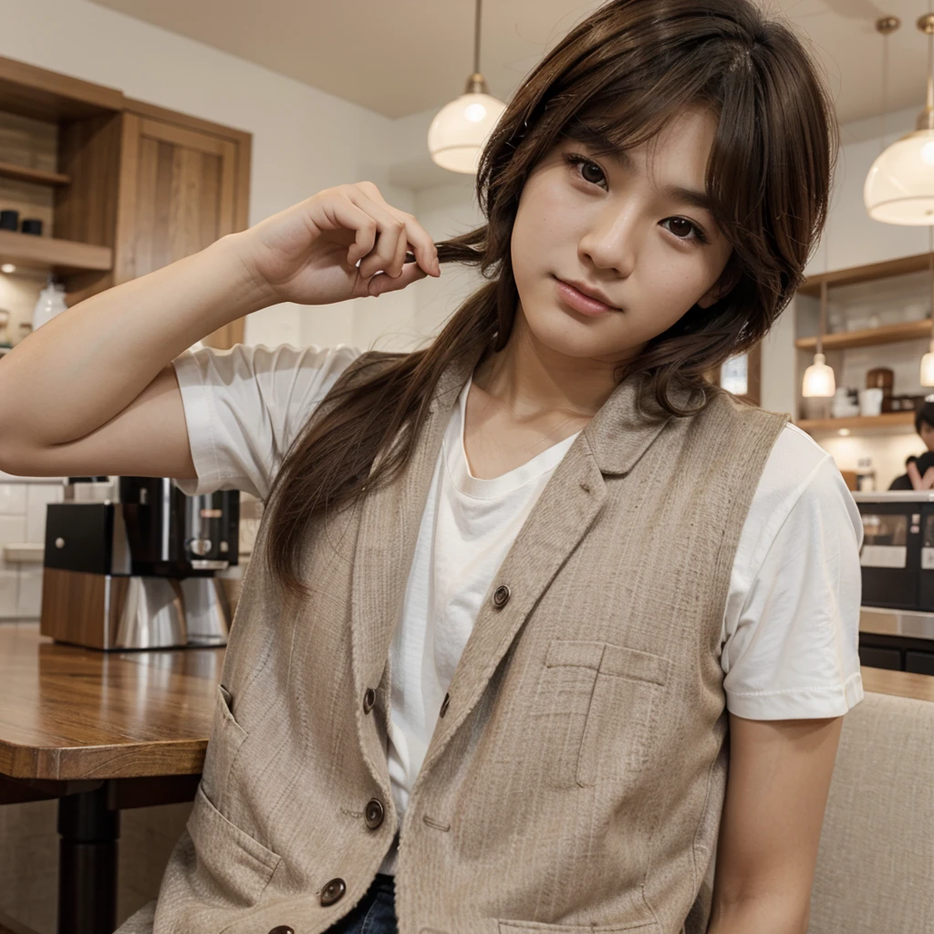 Estilo manga Korean, brown hair boy, big brown eyes, somewhat feminine appearance. He wears a white shirt, grey vest, in a coffee shop, Korean