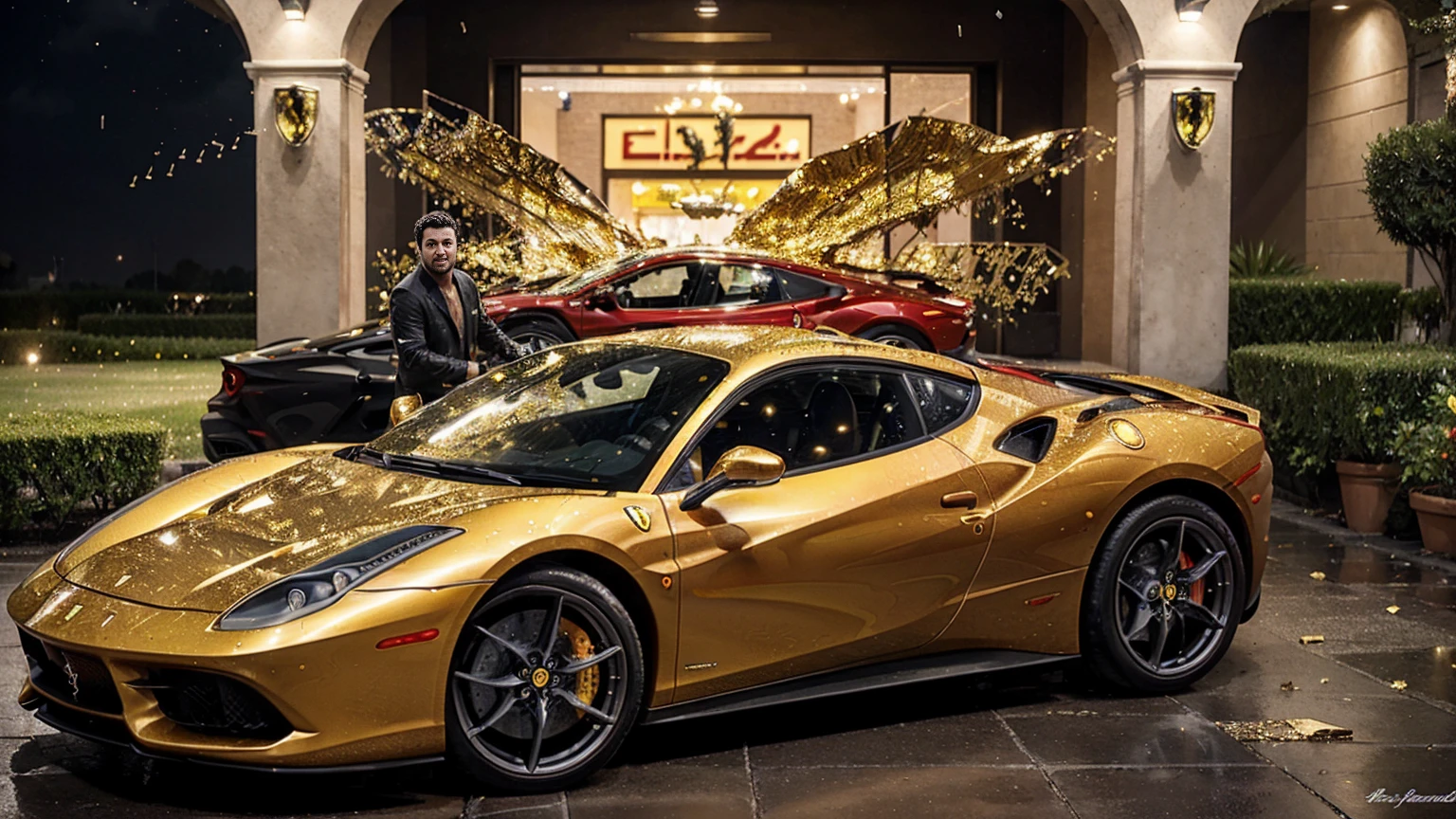 man next to a ferrari, full of gold coins falling from the sky, ultra detailed image, realism, 8k, hyper detailed skin, intense and vivid colors."man next to a ferrari"