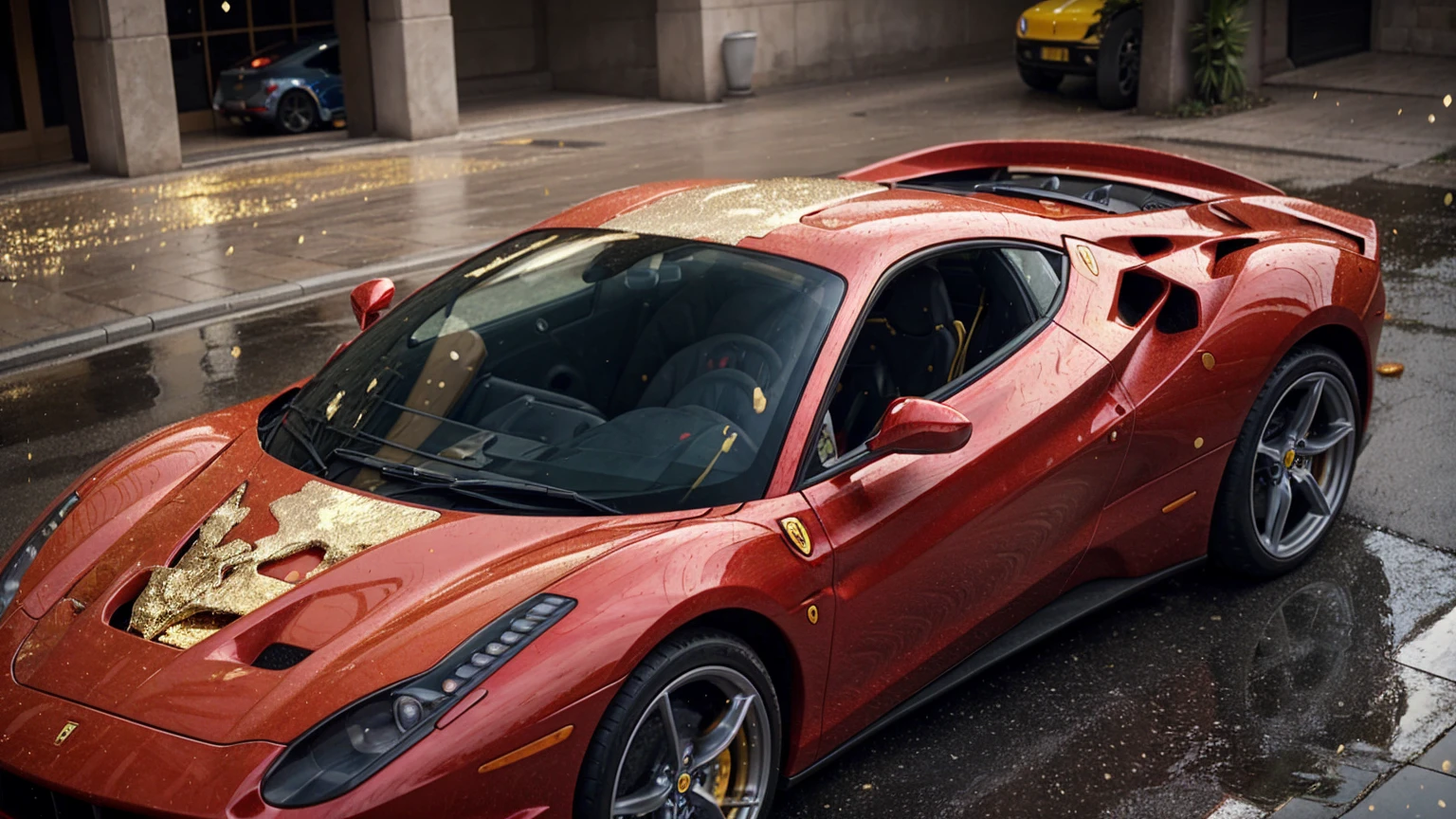 man next to a ferrari, full of gold coins falling from the sky, ultra detailed image, realism, 8k, hyper detailed skin, intense and vivid colors."man next to a ferrari"
