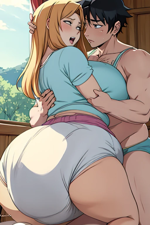 Huge breast anime woman in huge bloated diaper, expanding diaper, butt against her husband, lust face, enjoyment