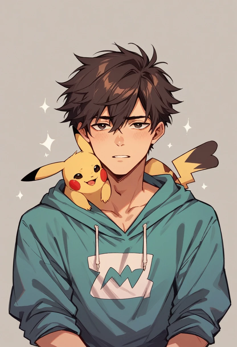 A sexy boy wearing Pikachu hoodie,nsfw, homoerotic 