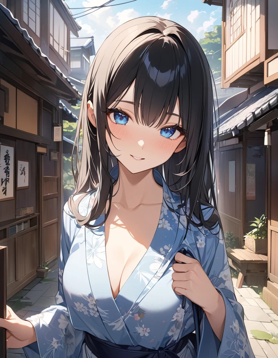 (Highest qualityのイラスト:1.2), (Black Hairの美少女:1.1), (1 girl、17 years old、Highest qualityのイラスト:1.2), (1 girl、Kind eyes、blue eyes:1.2)、((Black Hair:1.2))、Semi-long hair、(Highest quality、Very detailed、cute、Ultra-high resolution) 、Larger breasts、Yukata、Old street corner in Japan、morning、morning顔が咲いている