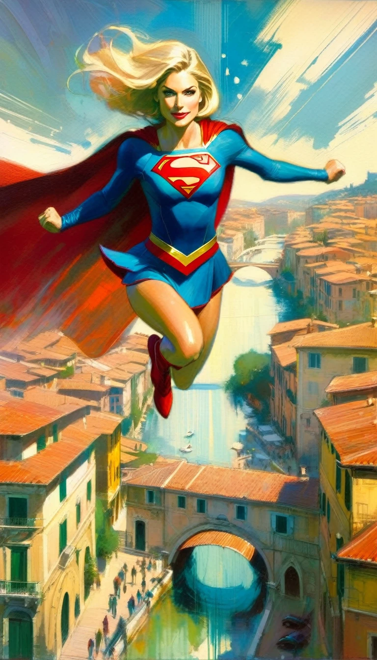 supergirl character, flying over a nice Italian city  (art inspired in Bill Sienkiewicz). oil painting)