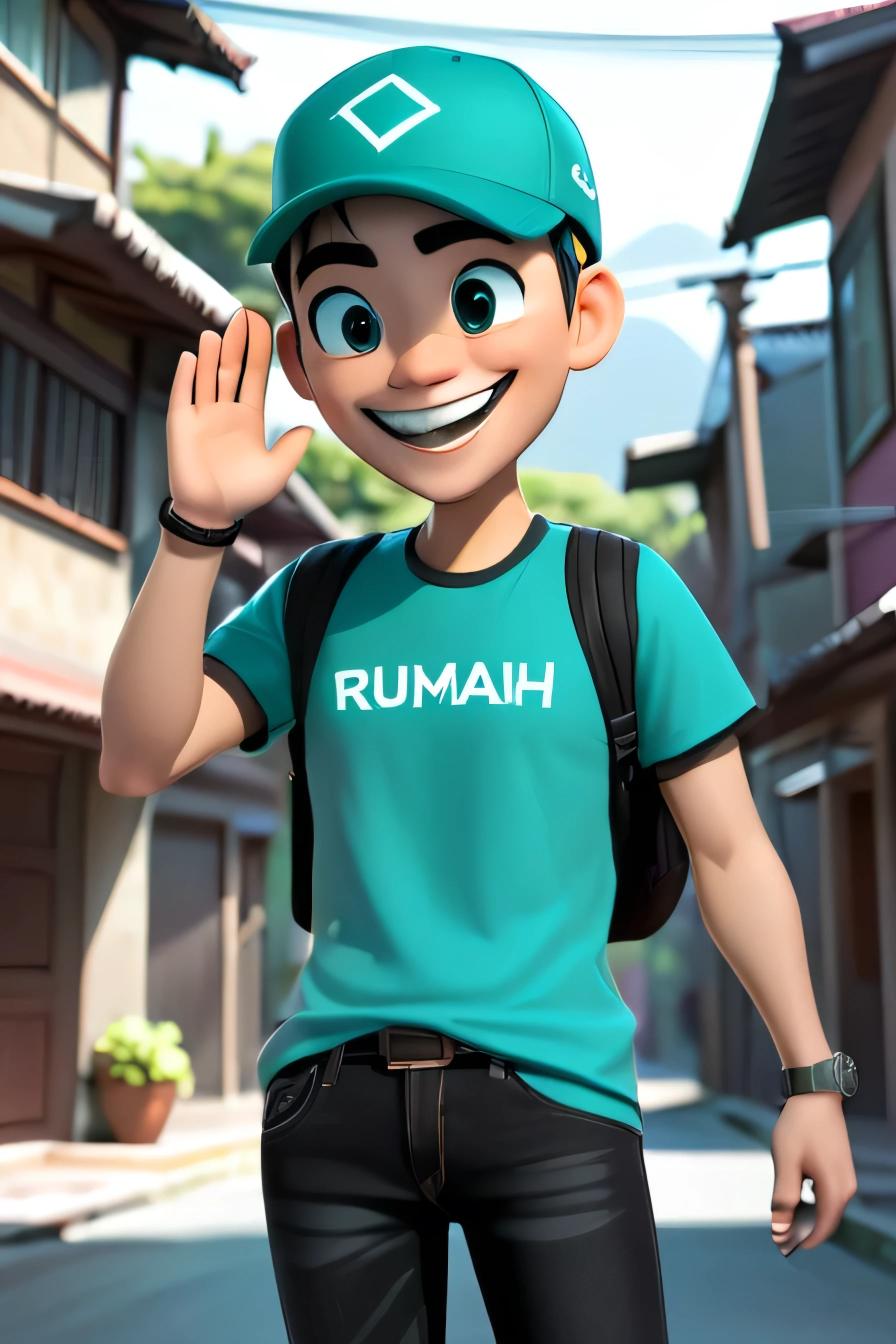 A man with big smile wearing teal green cap, and teal green t-shirt that writed "RUMAH ANDROID", black jeans, black shoes, crossing hand, 3d design character, body gesture happy, hands up jumping