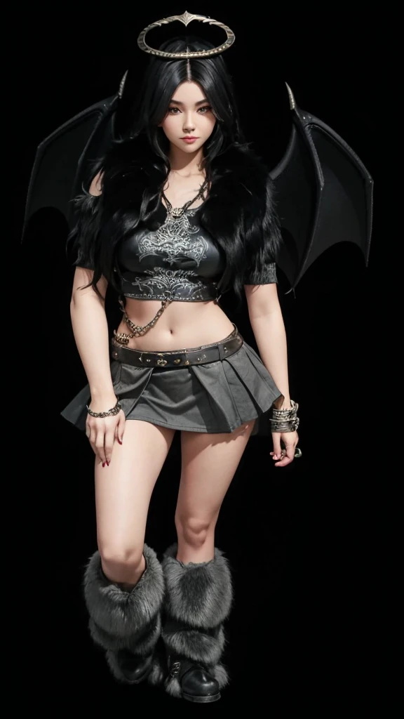 A beautiful girl in full body, with black dragon wings, with furry gray boots, com um cropped cinza, with a gray skirt and long black wavy hair.