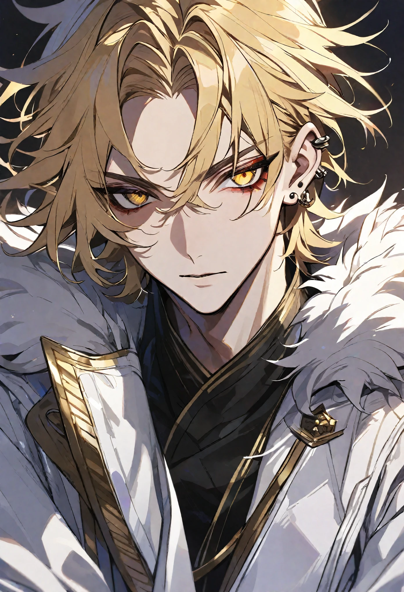 Solo, 1 male, blonde hair, gold eyes, black shirt, white coat, white fur, ear piercing