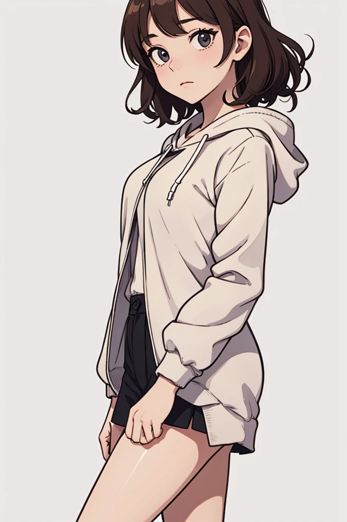 (((masterpiece, best quality, ultra highres, 1 girl, solo, no background))), super detailed skin and face and eyes and finger, beautiful japanese woman, small breasts:1.5, skinny, light brown hair, white background, very short curly pixie hair, (an illustration of girl), Knee shot, Generate with illustrations, Various expressions, Various poses, Please draw the entire character within the frame, ensuring that the head, arms, and legs are not cut off. The background should be simple, with the character positioned centrally, outline, anime, hoodie, sad,