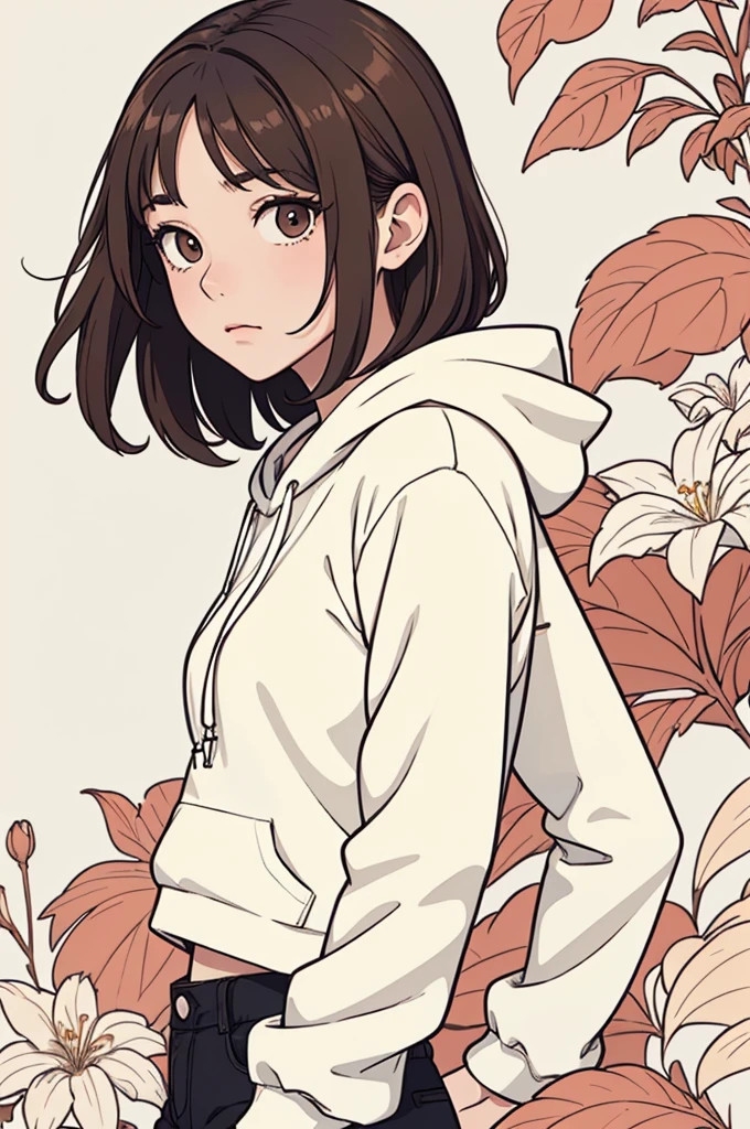 (((masterpiece, best quality, ultra highres, 1 girl, solo, no background))), super detailed skin and face and eyes and finger, beautiful japanese woman, small breasts:1.5, skinny, light brown hair, white background, very short curly pixie hair, (an illustration of girl), Knee shot, Generate with illustrations, Various expressions, Various poses, Please draw the entire character within the frame, ensuring that the head, arms, and legs are not cut off. The background should be simple, with the character positioned centrally, outline, anime, hoodie, sad,