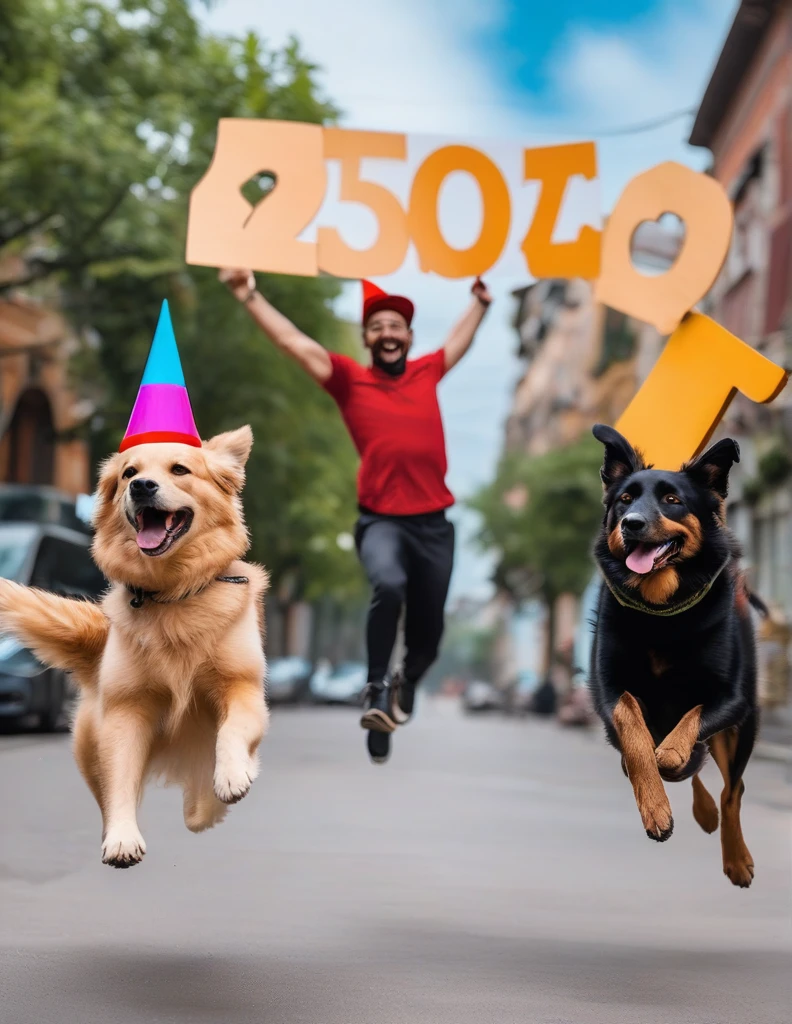 A man with two dogs that have festive caps on their heads and are happily jumping around the area, the man is holding a sign that says follow me 250 he is very happy,
