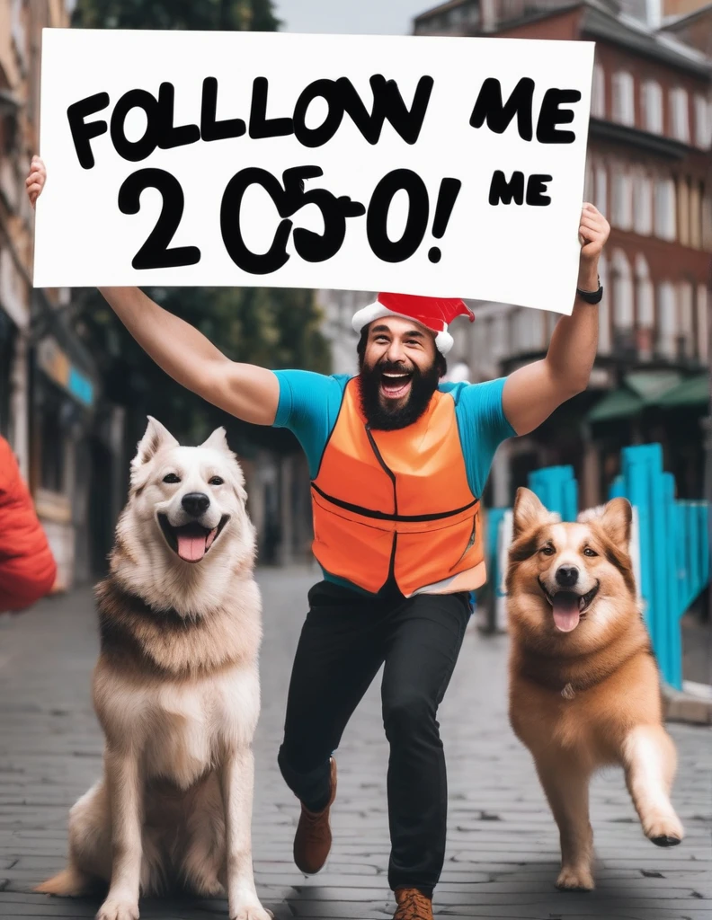 A man with two dogs that have festive caps on their heads and are happily jumping around the area, the man is holding a sign that says follow me 250 he is very happy,