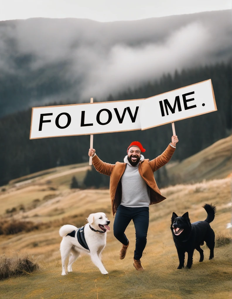A man with two dogs that have festive caps on their heads and are happily jumping around the area, the man is holding a sign that says follow me 250 he is very happy,