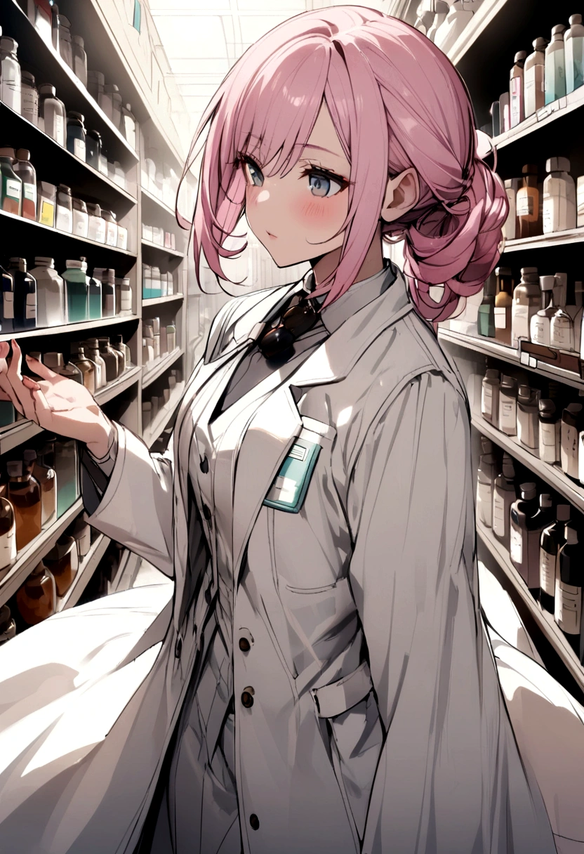 pharmacy、pharmacist、Pink Hair、Wearing a white coat