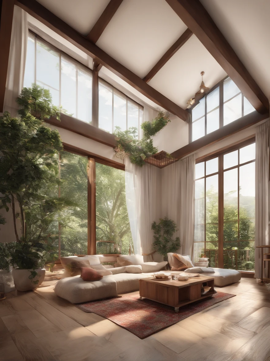 royal. rich, food. panoramic windows. bright. daylight. sun rays. happy home. happy color. delicious home. interior design. modern japanese mix europe style interior happy. bright color happy. ultra detail. realistic. dreamy. high resolution. fresh happy. Interior design、Crazy detailed wide-angle building photos、cozy contemporary living room、award-winning contemporary interior design、Landscapes、a chair、in a house、wooden floor、window、dining room、east asian architecture、Sliding paper doors、buliding、the woods、natural、Cups、A plant、Interior design、depth of fields. royal rich living room. dining. huge floor huge ceiling, perfect cozy room. aesthetic background. perfect anime room. 8k. wallpaper. multiple delicious foos. happy light aesthetic. happy life. perfect view. beautiful background. colorfull happy. cinematic. perfect quality. royal. extreme cozy