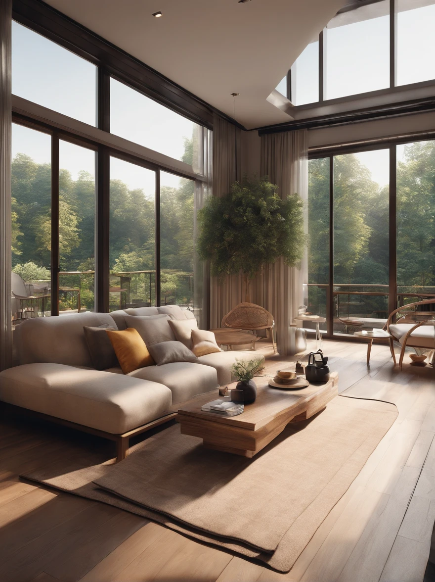 royal. rich, food. panoramic windows. bright. daylight. sun rays. happy home. happy color. delicious home. interior design. modern japanese mix europe style interior happy. bright color happy. ultra detail. realistic. dreamy. high resolution. fresh happy. Interior design、Crazy detailed wide-angle building photos、cozy contemporary living room、award-winning contemporary interior design、Landscapes、a chair、in a house、wooden floor、window、dining room、east asian architecture、Sliding paper doors、buliding、the woods、natural、Cups、A plant、Interior design、depth of fields. royal rich living room. dining. huge floor huge ceiling, perfect cozy room. aesthetic background. perfect anime room. 8k. wallpaper. multiple delicious foos. happy light aesthetic. happy life. perfect view. beautiful background. colorfull happy. cinematic. perfect quality. royal. extreme cozy
