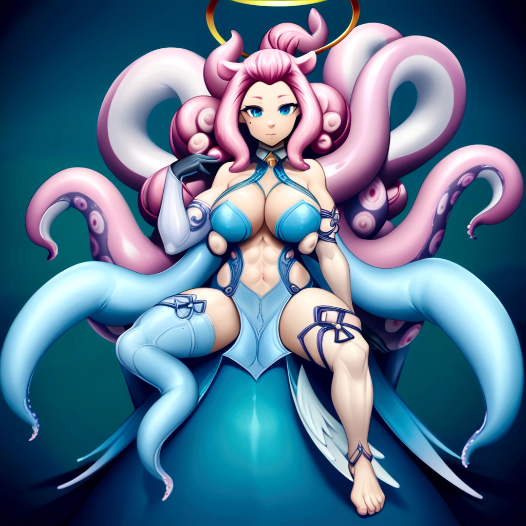 inapriestess, strapless dress, single thighhigh, single detached sleeve, black gloves, low wings, halo, detailed octopus tentacles, mole under eye, extreme muscular body, big breasts, 4 arms, full body.